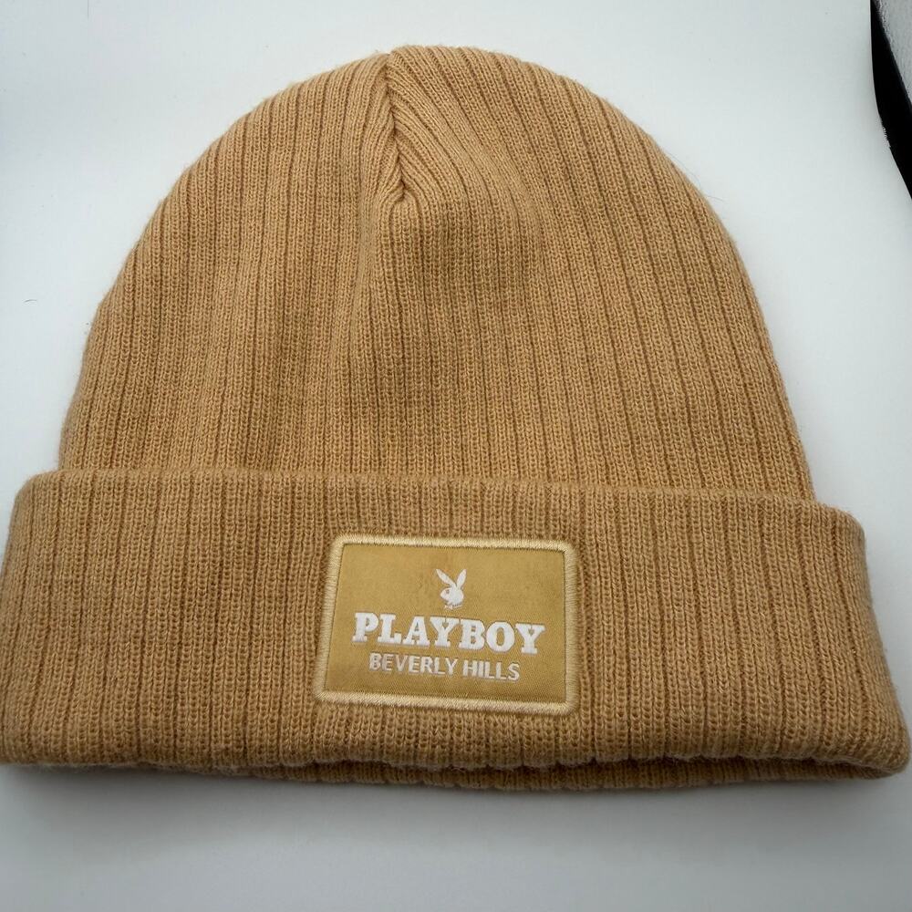 Playboy Beverly Hills Beige Tan Ribbed Knit Cuffed Beanie Logo Patch Hat